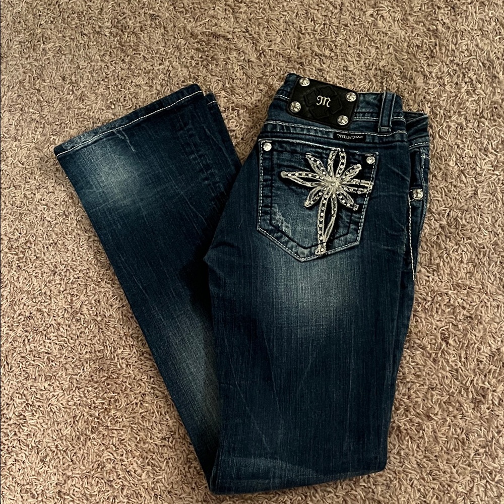 Miss Me Dark Blue Boot Cut Jeans with Embellished Pockets, 27